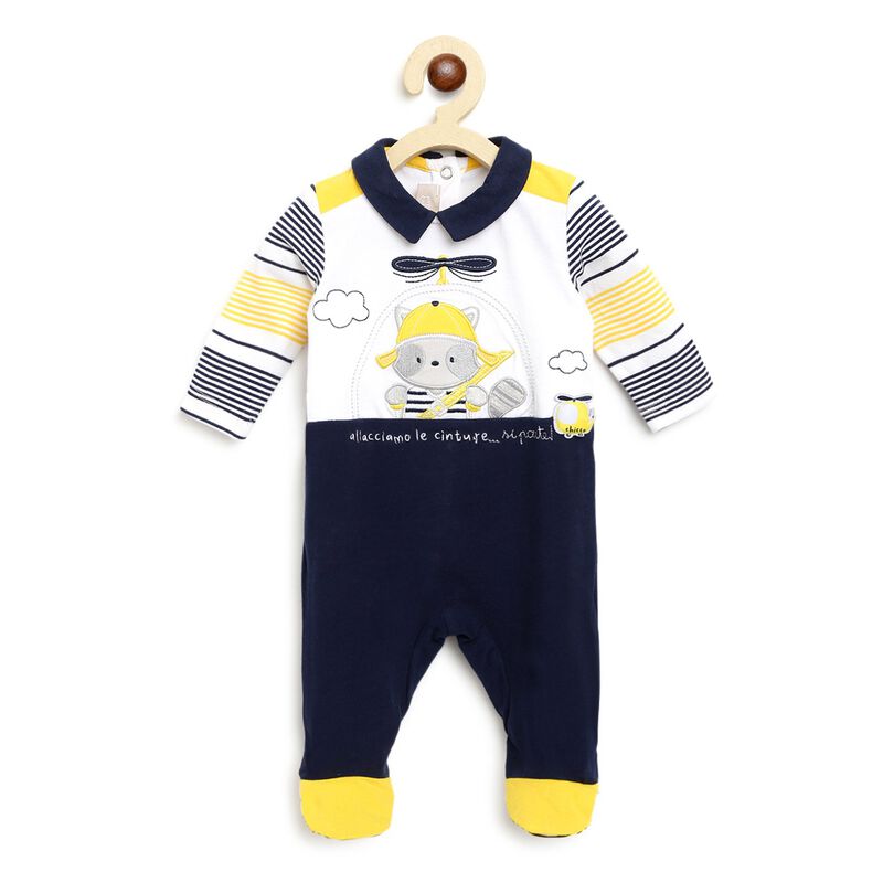 Boys White & Blue Nappy Opening Babysuit image number null